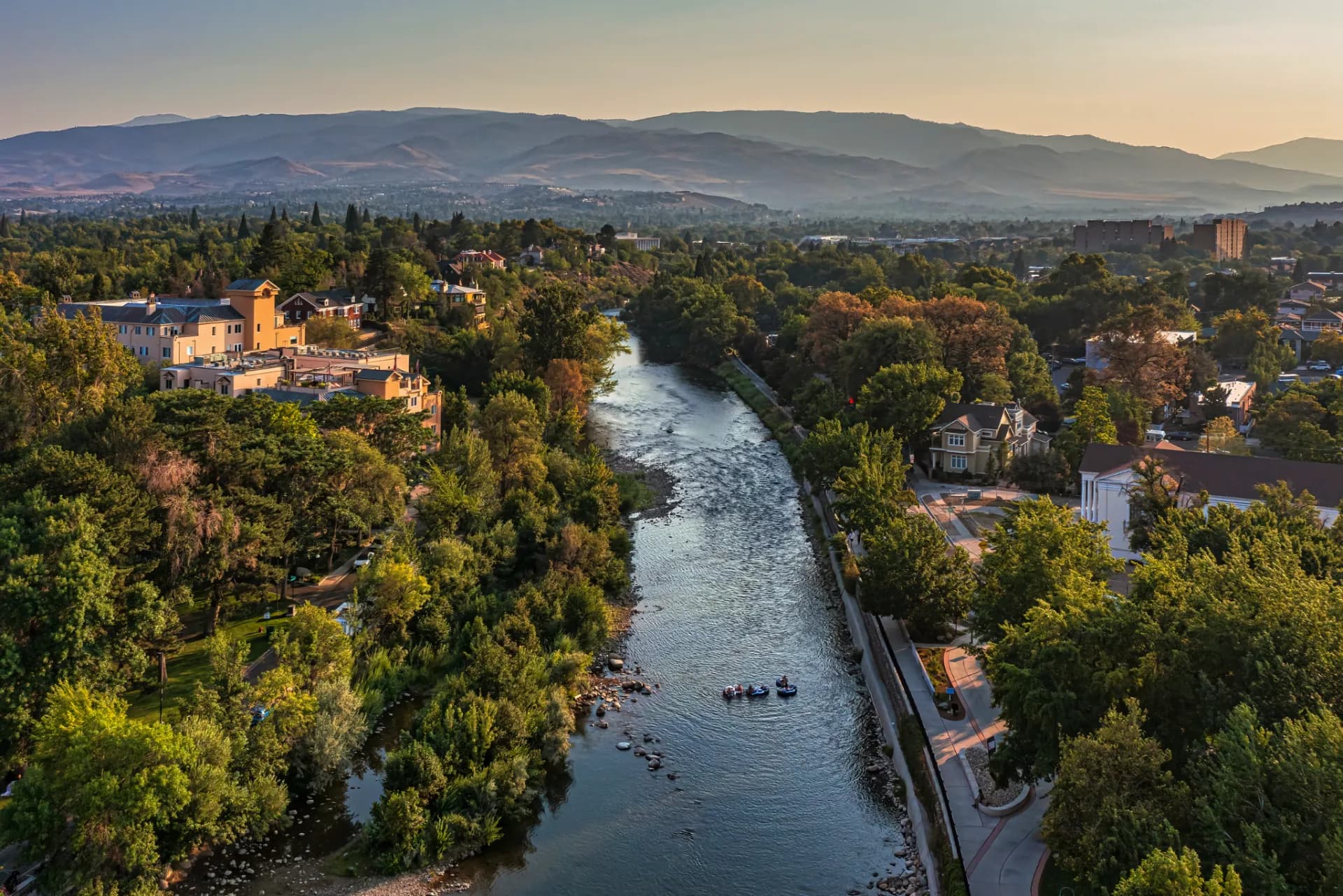 Rafters on the Truckee River as it runs through downtown Reno, seen from the air